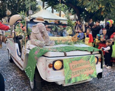 parade car Carnevale in Sorrento 2025 Justine Gilbert about sorrento